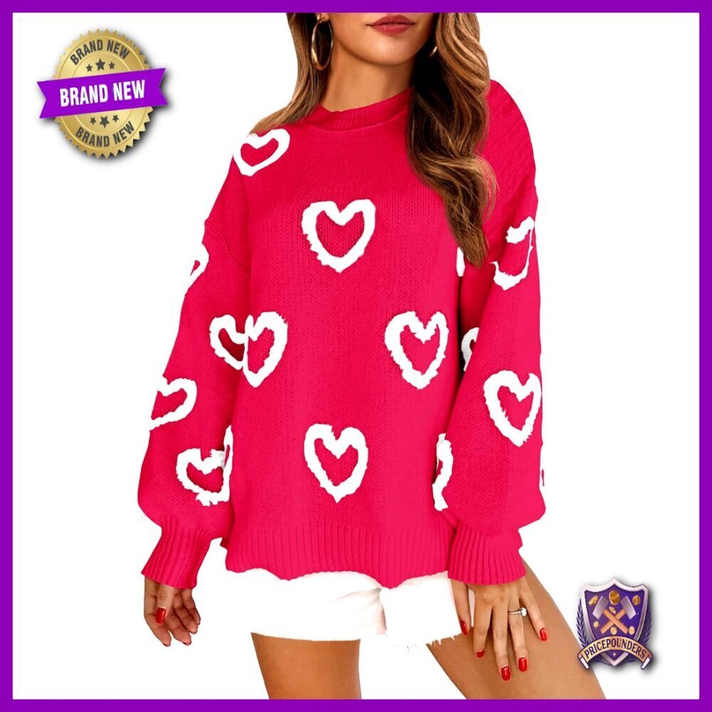 Oversized Chunky Knit Sweater Heart Print Crew Neck Side Slit Pullover Y2K